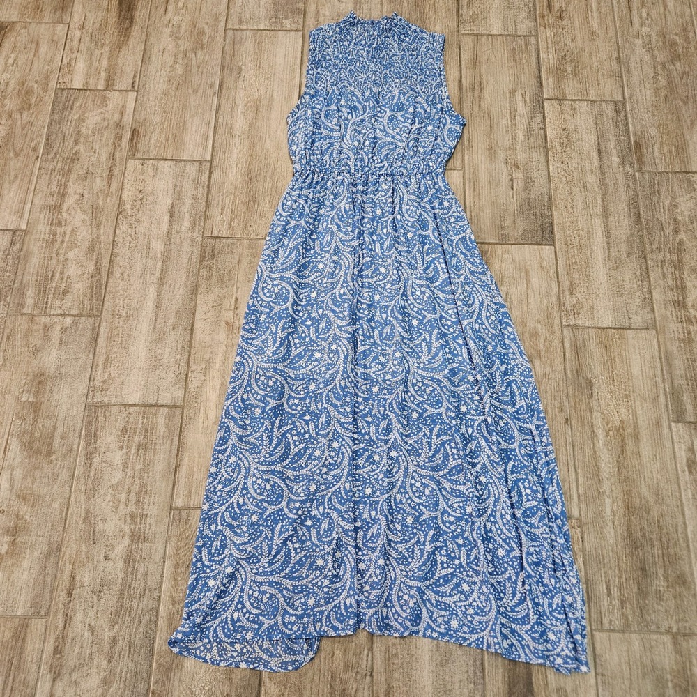 CODE x MODE Paisley Smocked Neck Maxi Dress Womens Size M Blue White Summer Boho